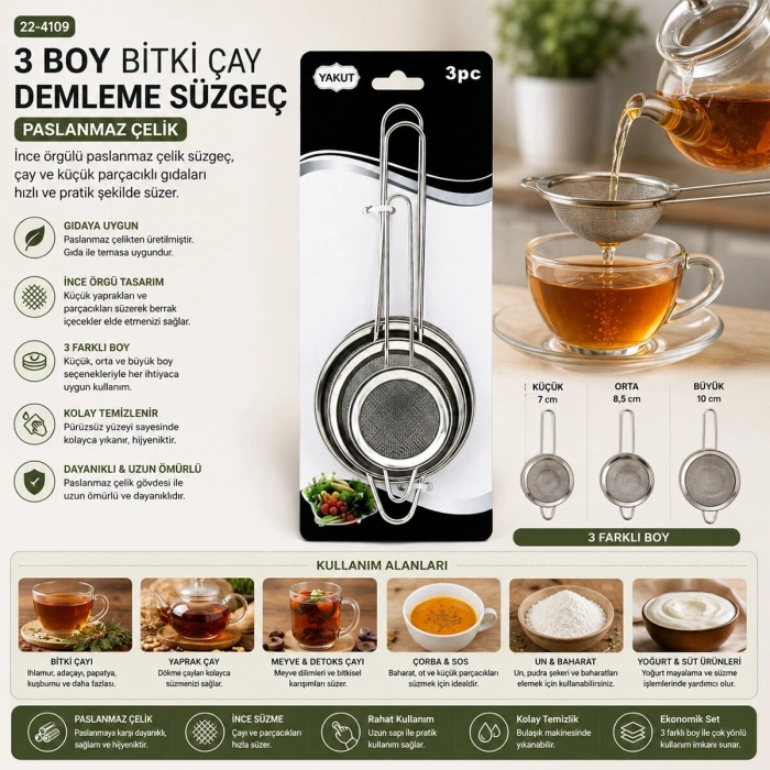 3PCS SET MİNİ= 5-7-8CM TEL SÜZGEÇ METAL ÇERÇECE METAL SAP=8.5-10.5-10.5CM (5047)