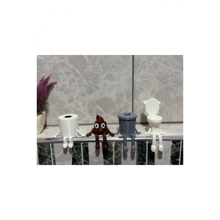 4lü Eğlenceli Banyo Dekoratif Figür Seti /Tuvalet Kağıdı, Kaka Emojisi, Çöp Kovası, Klozet Aksesua