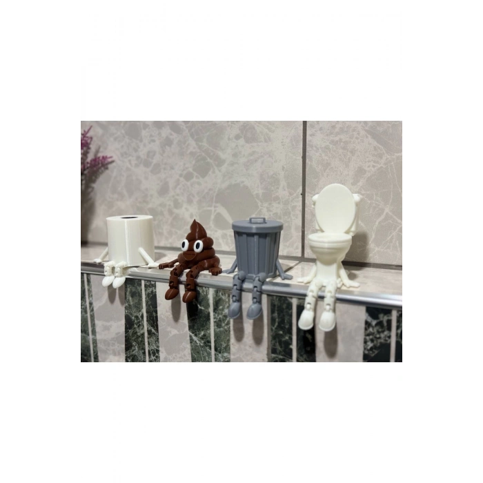 4lü Eğlenceli Banyo Dekoratif Figür Seti /Tuvalet Kağıdı, Kaka Emojisi, Çöp Kovası, Klozet Aksesua