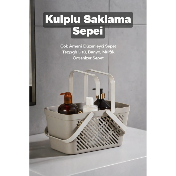 4lü Gri Mutfak Düzenleyici Kulplu Sepet Banyo Çamaşır Organizer Seti