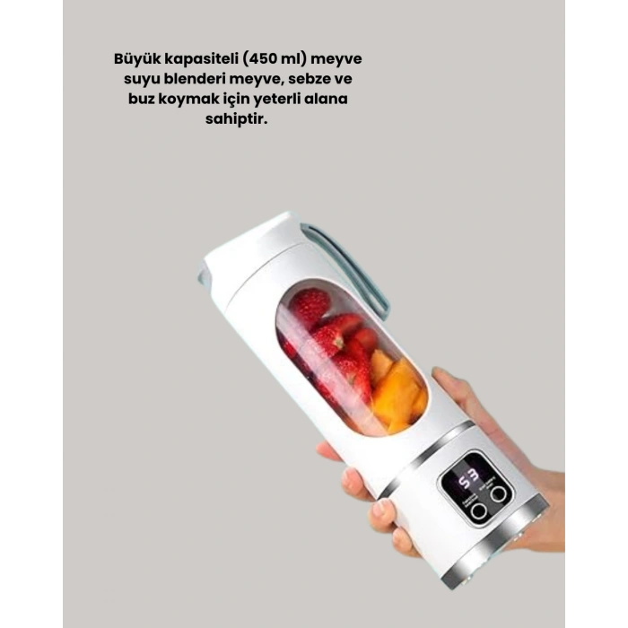 450 ml Taşınabilir Blender – Tip-C Şarjlı 12 Bıçaklı Meyve Sıkacağı