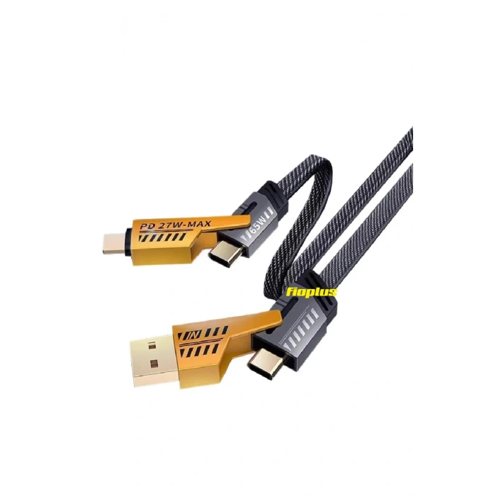 4in1 PD 65 Watt Type-C/27 Watt iPhone Halat Örgü Kırılmaz Uç 1MT Hızlı Şarj ve Data Kablosu fp98