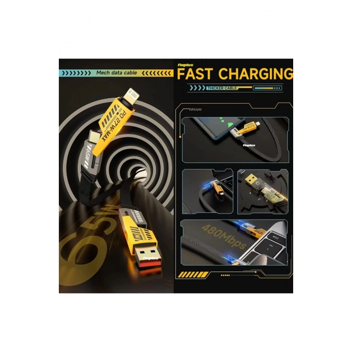 4in1 PD 65 Watt Type-C/27 Watt iPhone Halat Örgü Kırılmaz Uç 1MT Hızlı Şarj ve Data Kablosu fp98