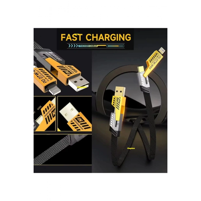 4in1 PD 65 Watt Type-C/27 Watt iPhone Halat Örgü Kırılmaz Uç 1MT Hızlı Şarj ve Data Kablosu fp98