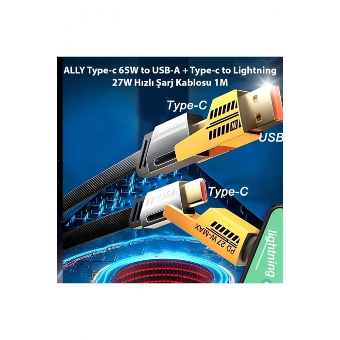 4in1 Type-c 65W to USB-A + Type-c to Lightning 27W Hızlı Şarj Kablosu SİYAH