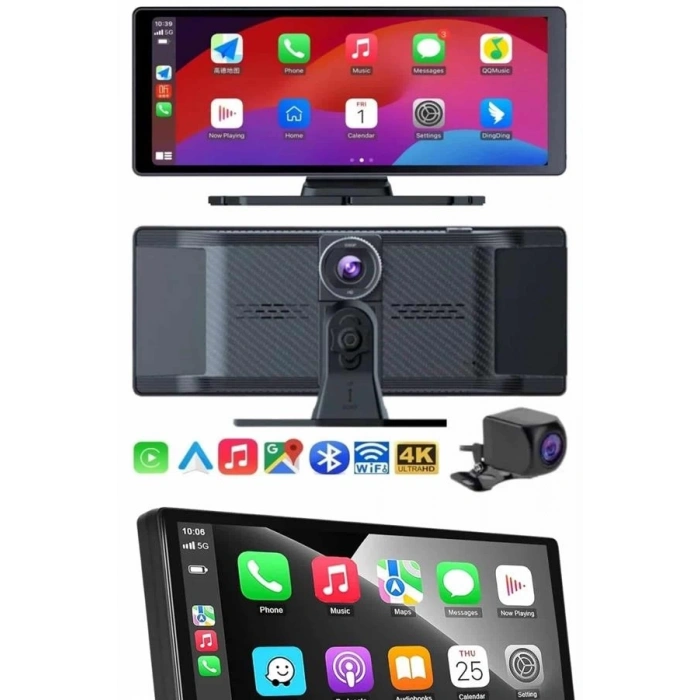 4K 10.2 İnç Çift Kameralı Araç Multimedya Ekranı CarPlay Kablosuz Tüm Cihazlara Uyumlu