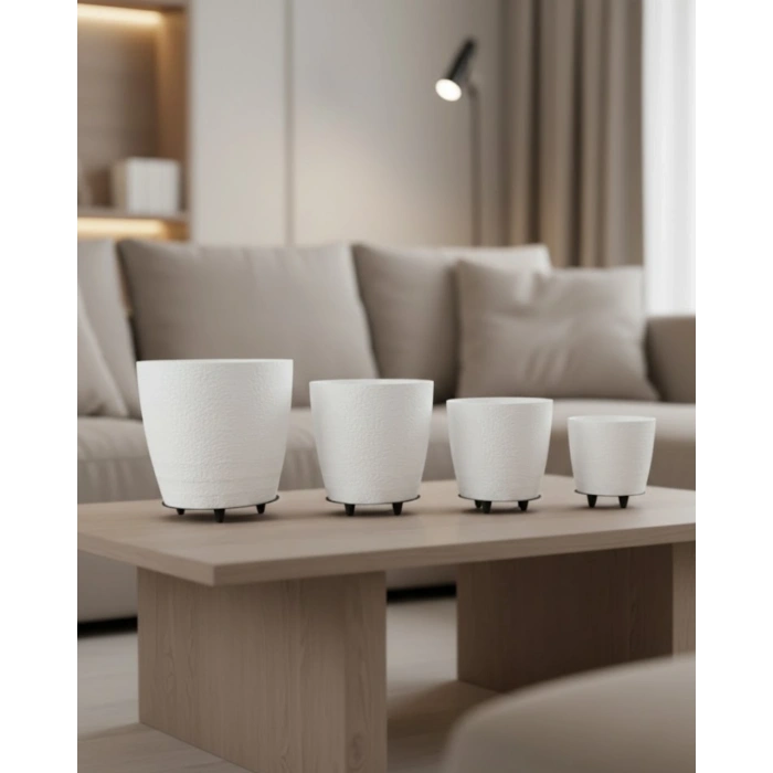 4’lü 3D Beyaz Ayaklı Saksı Seti Modern Minimal Dekoratif Vazo