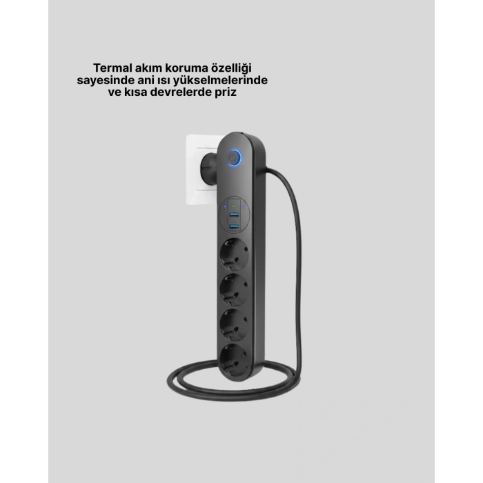 4’lü Çoklu Priz 2 USB Type-C Girişli Akım Korumalı Siyah