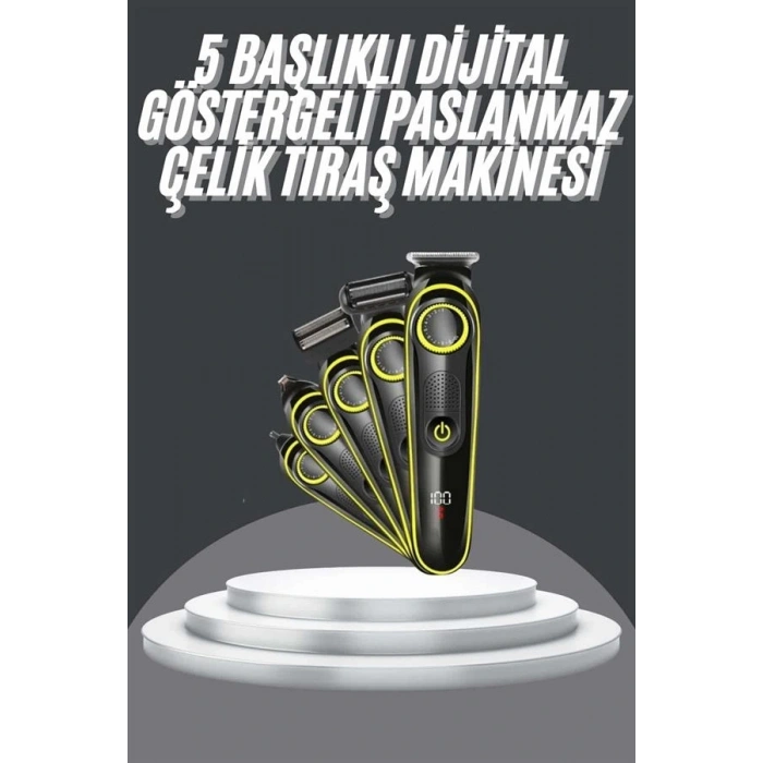 5 Başlıklı Şarjlı Tıraş Makinesi Led Ekran Saç Sakal Ense Tıraşına Uygun Bakım Seti