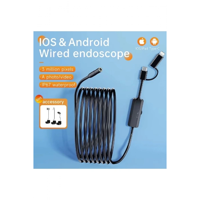 5 Metre Endoskop Yılan Video Kamera Ios Ve Android Uyumlu Led’li 8 Mm Sert Kablo 2mp