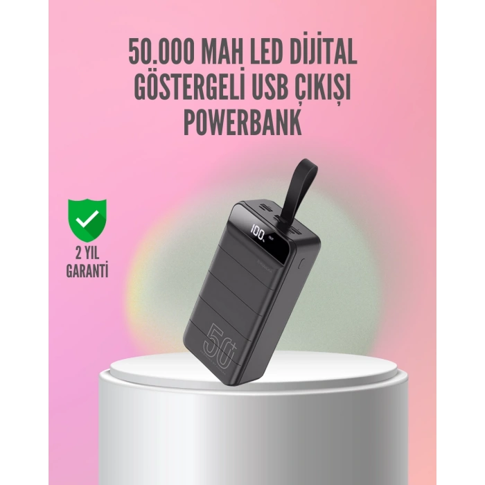 50.000 mAh Ultra Güçlü Powerbank 4 USB Çıkışlı, LED Dijital Göstergeli, Hızlı Şarj Destekli Taşınabilir Şarj Cihazı