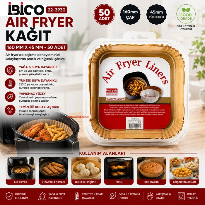 50PCS KARE TABAN: 16CM - KENAR: 4.5CM AİR FRYER PİŞİRME KALIP KAĞIT (5047)