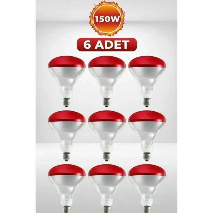 (6 Adet) 150W Kızılötesi Isıtıcılı Hayvan Isıtma ve Kuluçka Lambası (Kırmızı Işık) E27 (Kalın Duy)