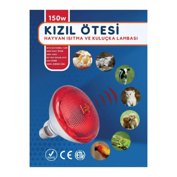 (6 Adet) 150W Kızılötesi Isıtıcılı Hayvan Isıtma ve Kuluçka Lambası (Kırmızı Işık) E27 (Kalın Duy)