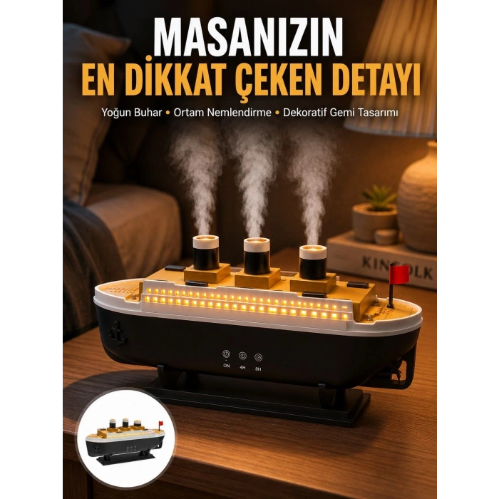 7 Renk Ortam Işıklı Dekoratif Gemi Tasarım Hava Nemlendirici Difüzör Yeni Nesil