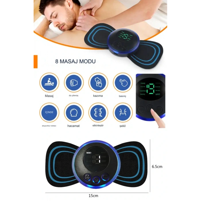8 Modlu Mini Şarjlı Kelebek LCD Ekran Ems Boyun Omuz Kol Sırt Elektrikli Masaj Bantı Kas Stimülatörü