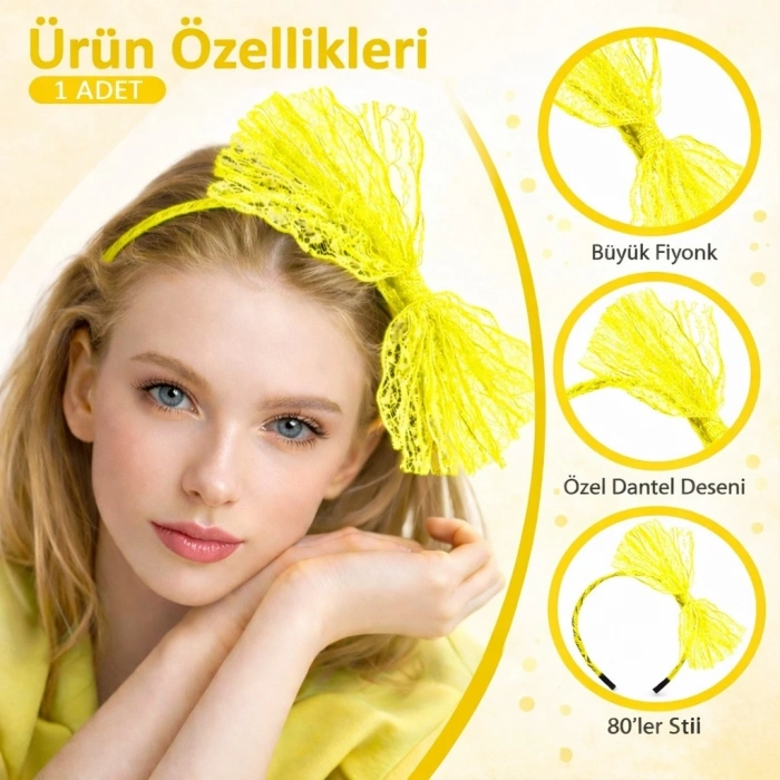 80’ler 90’lar Neon Sarı Dantel Taç Fiyonklu