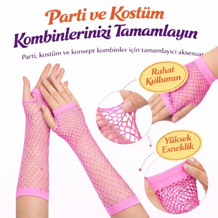 80’ler 90’lar Retro Neon Pembe File Parmaksız Eldiven 26 Cm