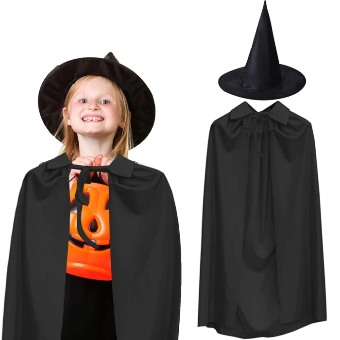 90 cm Siyah Yakalı Pelerin ve Siyah Cadı Şapkası Kostüm Seti