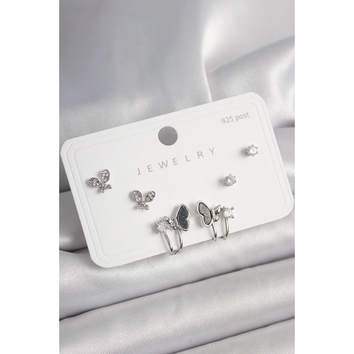 925 Ayar Gümüş Çivi Pirinç Gümüş Renk Zirkon Taşlı Kelebek Model Kadın Küpe Seti