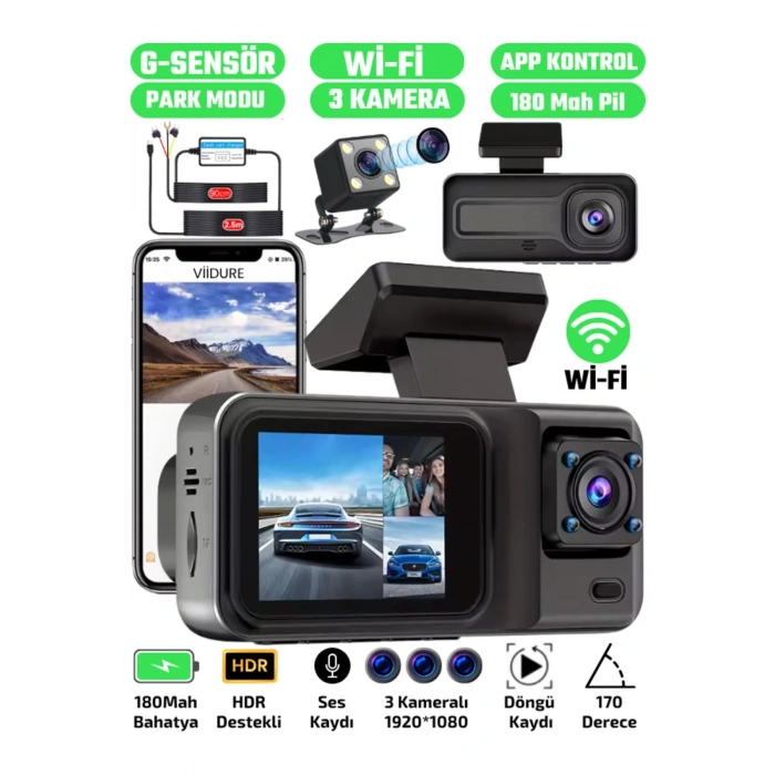 A-98 WiFi Full HD 3 Kameralı Araç İçi Güvenlik Kamerası + Park Modu Kablosu Ön-Arka-İç Kayıt,DashCam