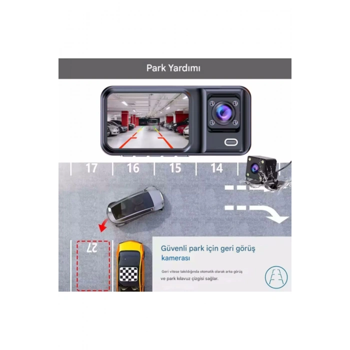 A-98 WiFi Full HD 3 Kameralı Araç İçi Güvenlik Kamerası + Park Modu Kablosu Ön-Arka-İç Kayıt,DashCam