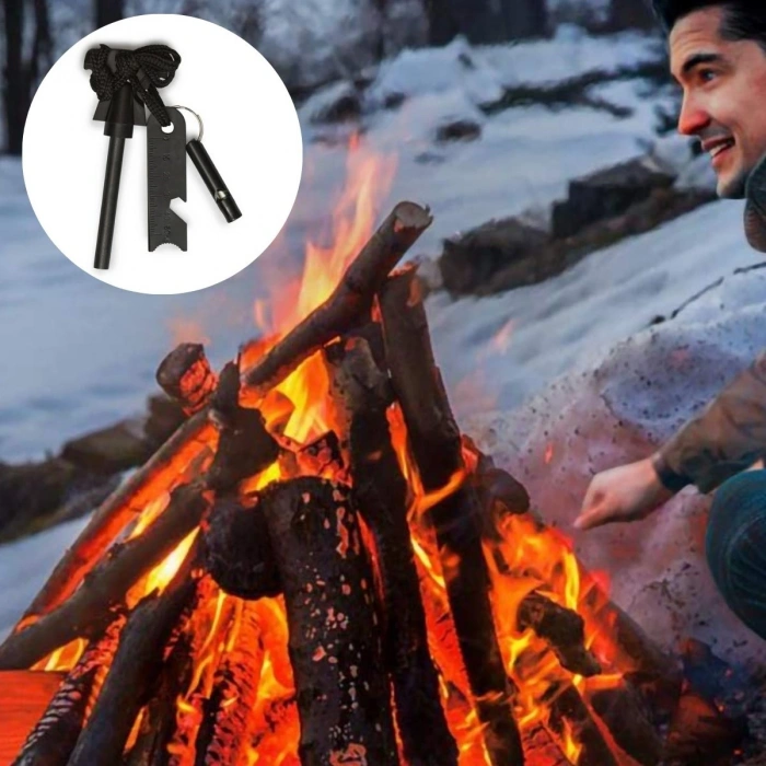 Acil Durum Magnezyum Çubuk Çakmaktaşı Hayatta Kalma Ateş Başlatıcı Çakmak Kiti Düdük Hediyeli (5047)