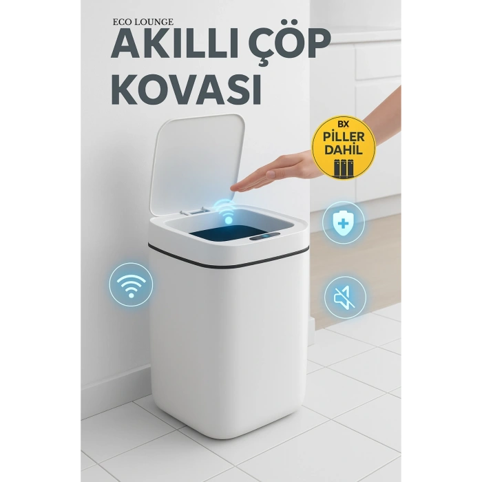 Akıllı Çöp Kovası, Büyük Boy 20 Litre, UV Işık ve Sensörlü, Haraket Algılayan, Sessiz Kapak