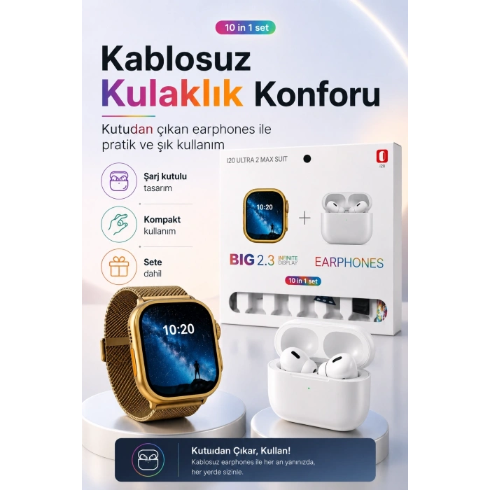 Akıllı Saat Ve Kablosuz Kulaklık Bir Arada Telefon Uyumlu Şık Hediye Seti