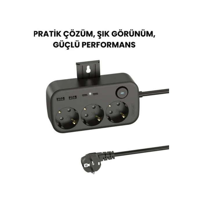 Akım Korumalı Priz 2 Usb + 2 Type-c Girişli 2 Metre Kablosu Anahtarlı Ve Duvara Monte Edilebilir