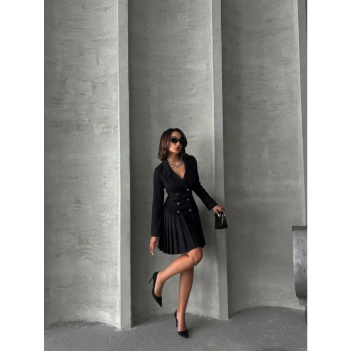 Altı piliseli uzun kollu ceket elbise siyah s255016