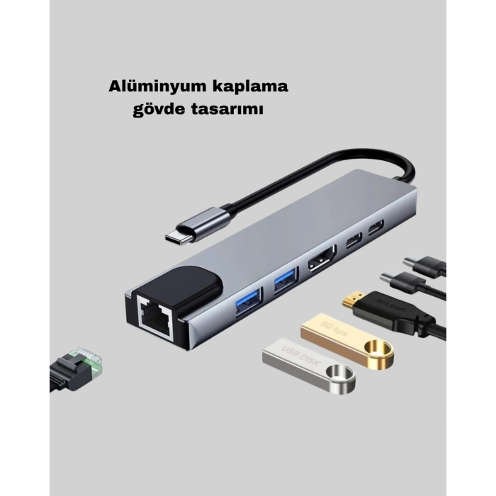 Alüminyum Kasalı MacBook USB-C Hub – 4K HDMI, USB 3.0, SD/TF Kart Girişi, PD Şarj Desteği
