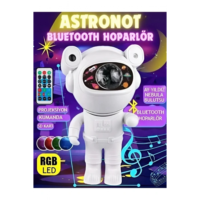 Alüminyum Taşınabilir hoparlör Astronot Bluetooth Hoparlör - Projeksiyon, Gece Lambası, RGB LED, SD