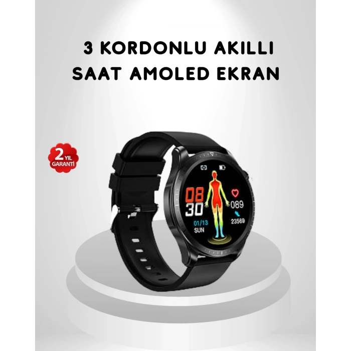 AMOLED Ekranlı Akıllı Saat – 3 Kordon Seçenekli, Suya Dayanıklı, Kalp Atış ve Uyku Takip Özellikli