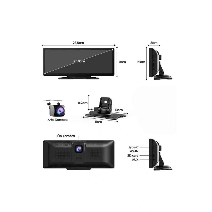 Android ve İOS Uyumlu Ön Arka Çift Kameralı Araç Ekranı Dokunmatik CarPlay