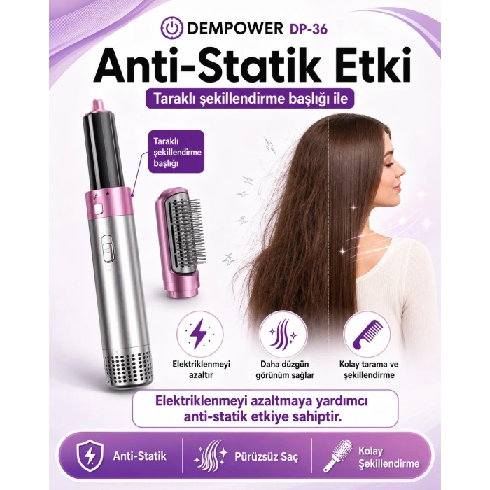Anti Statik Etkili 5 Başlıklı Saç Şekillendirici Sıcak Hava Fırçası ve Maşa Seti