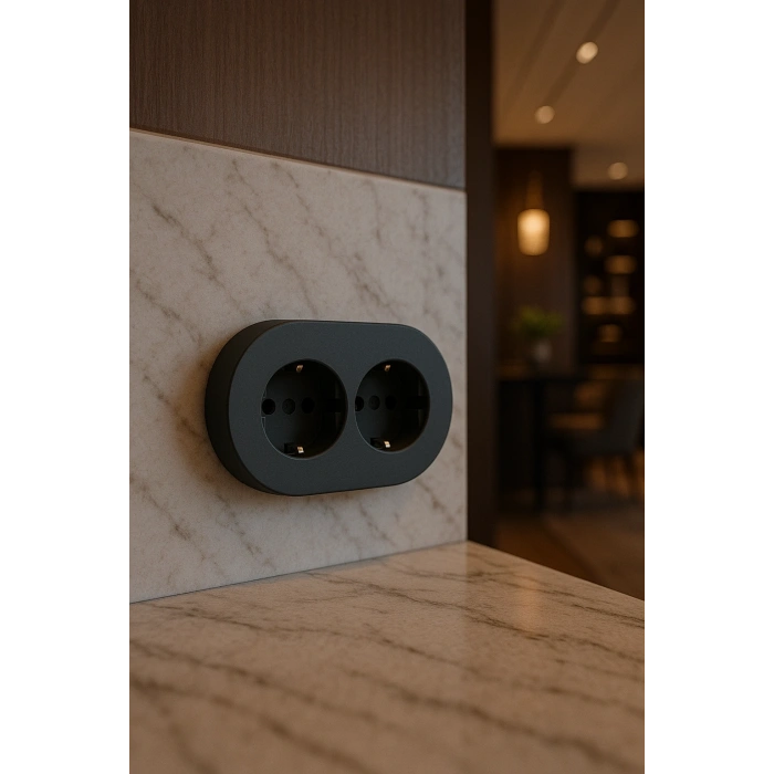 Antrasit Renk İkili Topraklı Priz – Modern Sıva Üstü Duvar Prizi, Lüks Dekoratif Elektrik Priz Çift Girişli