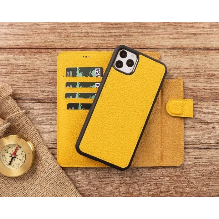 Apple iPhone 11 Pro Max Uyumlu Deri Cüzdanlı Kılıf FL12 Sarı