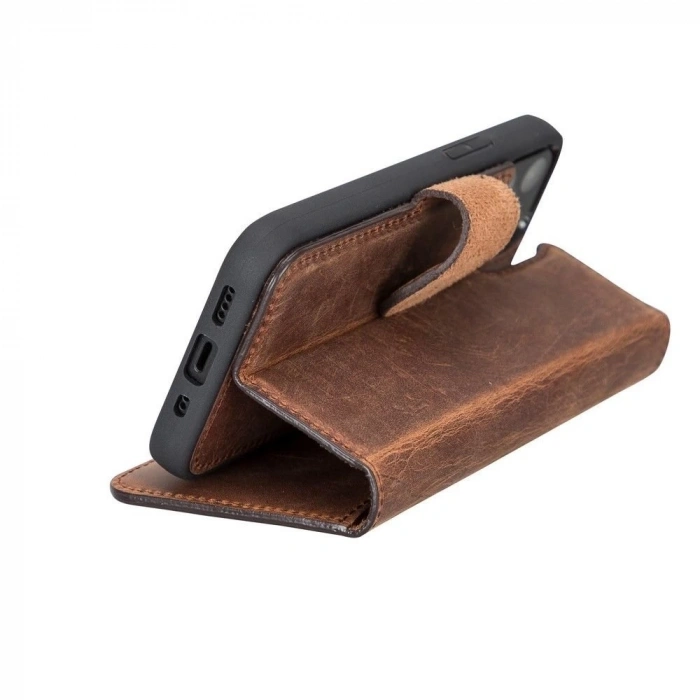 Apple iPhone 12 mini Uyumlu Deri Cüzdanlı Kılıf G2 Antik Kahve