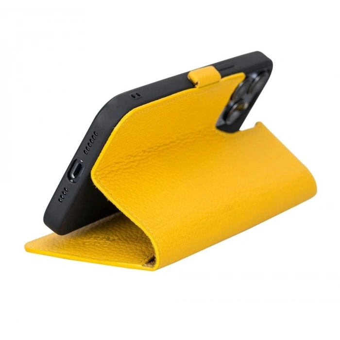 Apple iPhone 13 Pro Max Uyumlu Deri Cüzdanlı Kılıf Limon Sarı