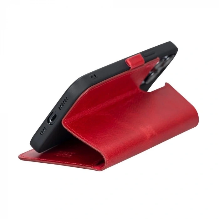 Apple iPhone 13 Pro Max Uyumlu Deri Cüzdanlı Kılıf Nar Çiçeği