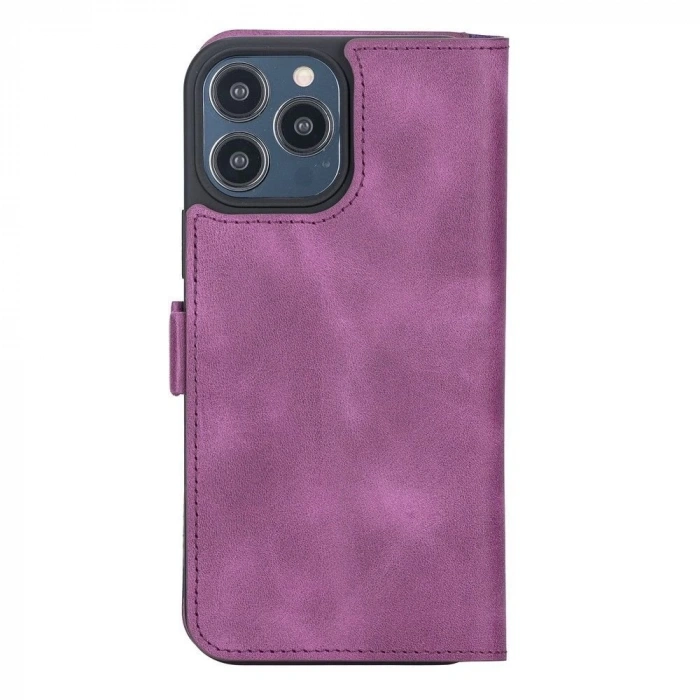Apple iPhone 13 Pro Max Uyumlu Deri Cüzdanlı Kılıf Rustik Mor