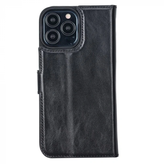 Apple iPhone 13 Pro Max Uyumlu Deri Cüzdanlı Kılıf Rustik Siyah