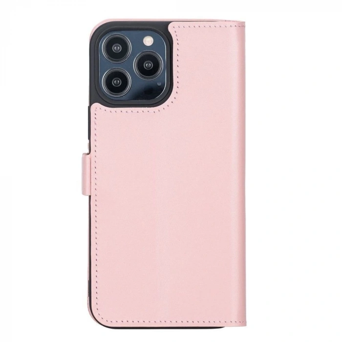 Apple iPhone 13 Pro Max Uyumlu Deri Cüzdanlı Kılıf Toz Pembe