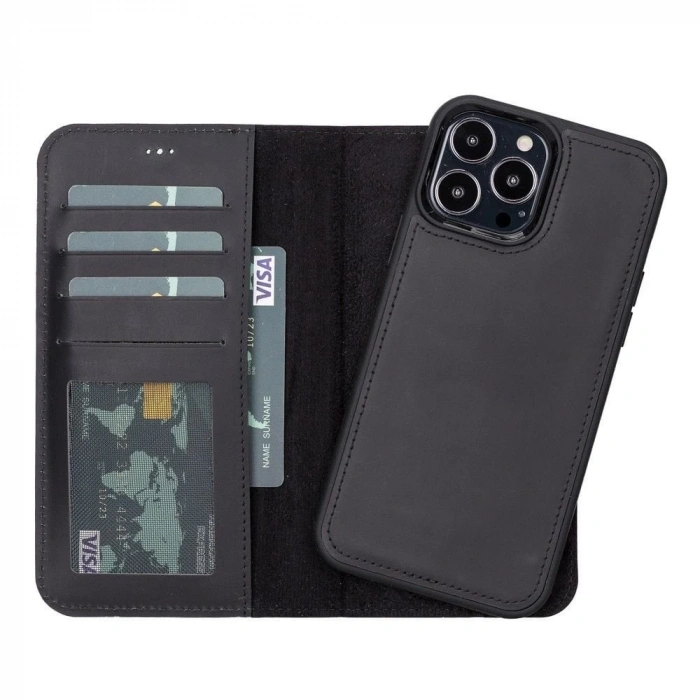 Apple iPhone 13 Pro Uyumlu Deri Cüzdanlı Kılıf Liluri G1 Siyah