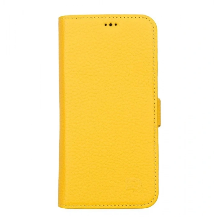 Apple iPhone 13 Uyumlu Deri Cüzdanlı Kılıf Limon Sarı