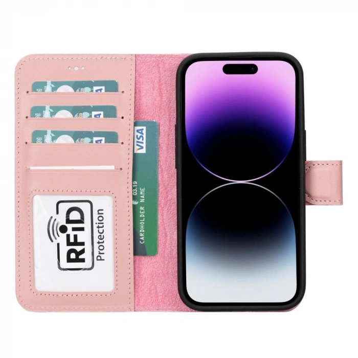 Apple iPhone 15 Uyumlu Deri Cüzdanlı Kılıf MWWN NU2 Pembe