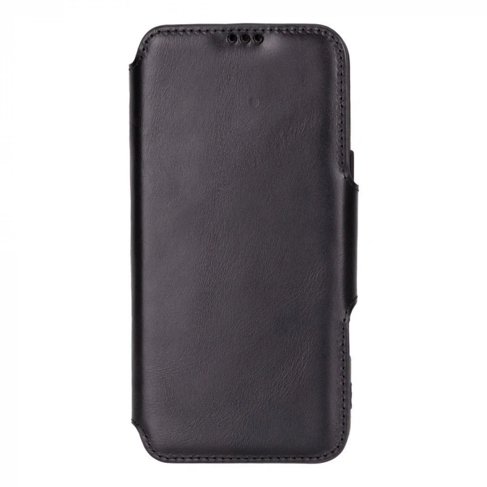 Apple iPhone 16 Pro Max uyumlu, Hakiki Deri, El Yapımı, Cüzdanlı Kılıf, Parlak Siyah