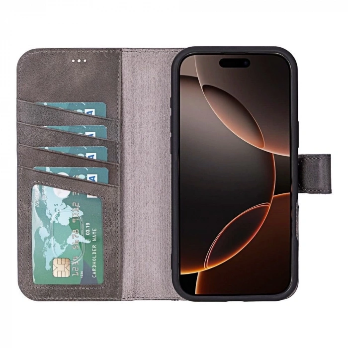 Apple iPhone 16 Pro uyumlu, Hakiki Deri, El Yapımı, Cüzdanlı Kılıf, Gölgeli Gri