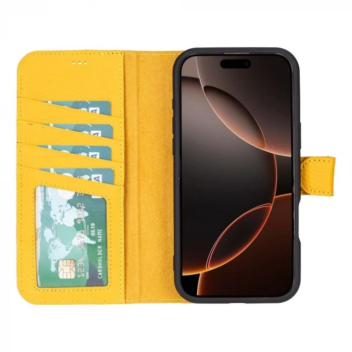 Apple iPhone 16 Pro uyumlu, Hakiki Deri, El Yapımı, Cüzdanlı Kılıf, Limon Sarı